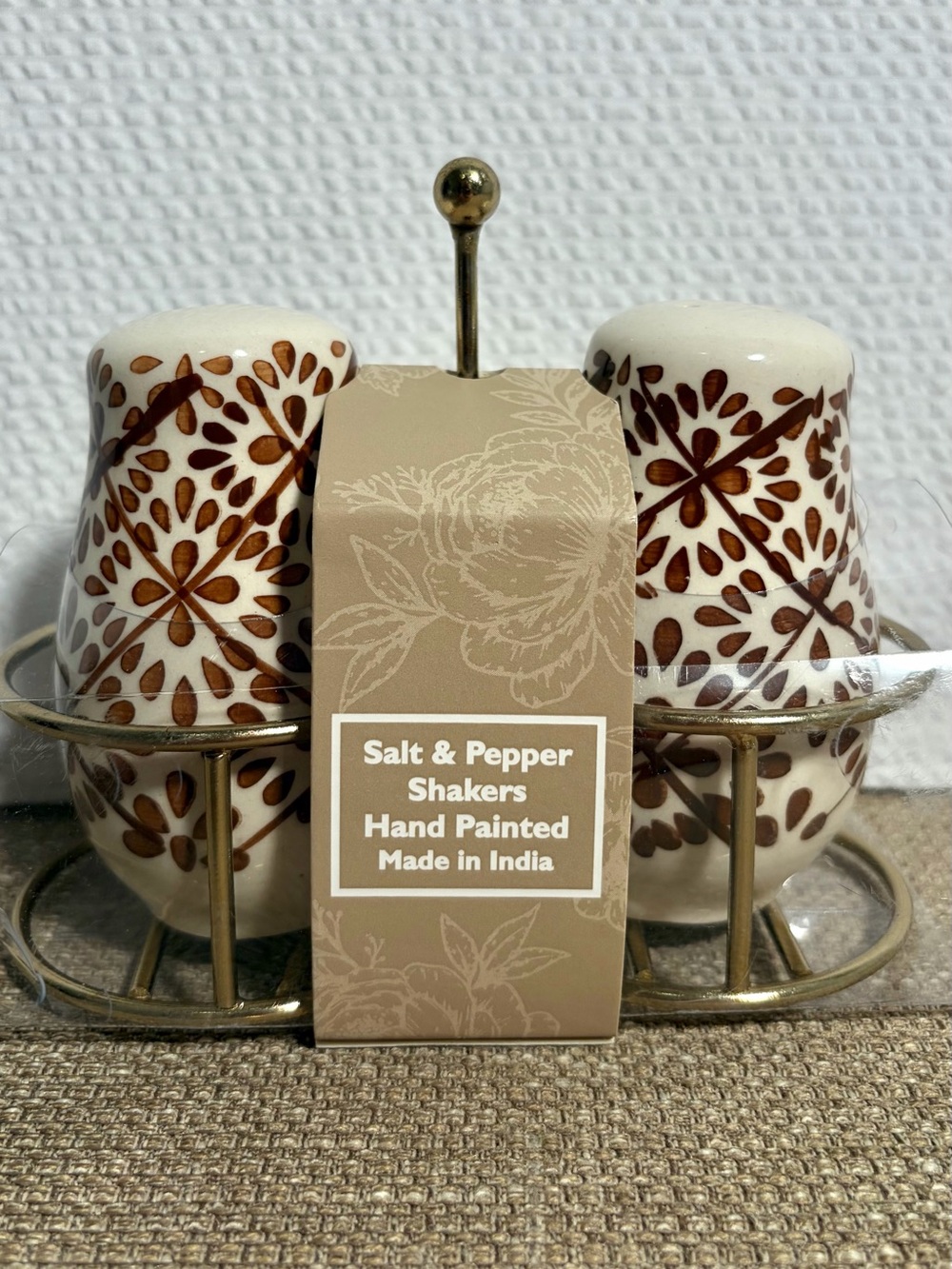 Salt & Pepper Shakers Set with Gold Stand - Hand-Painted Brown & Cream